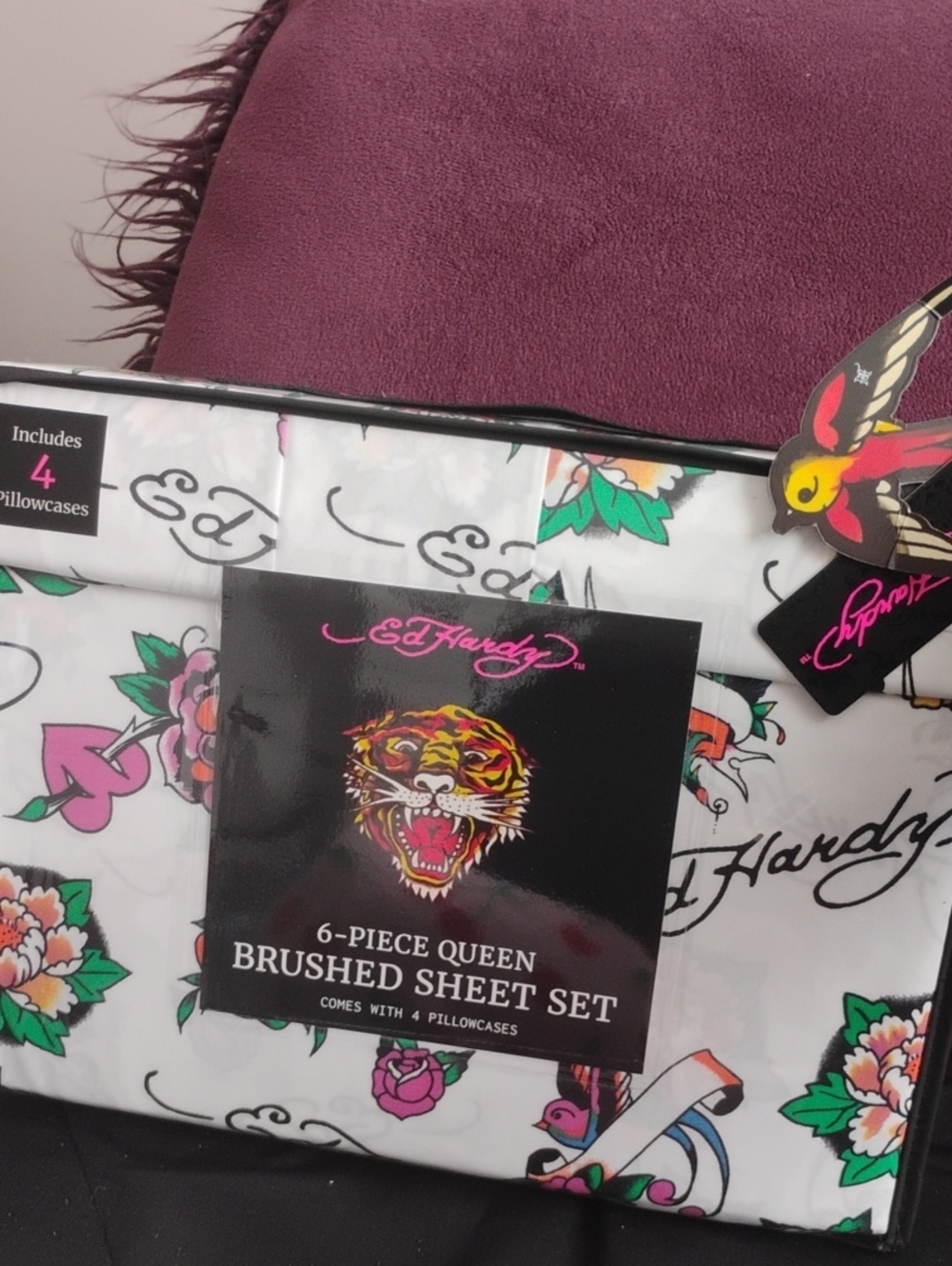 Ed Hardy Pink Heart Rose Super Soft6pc Queen Sheet Set🩷🌹🆕✨🎁